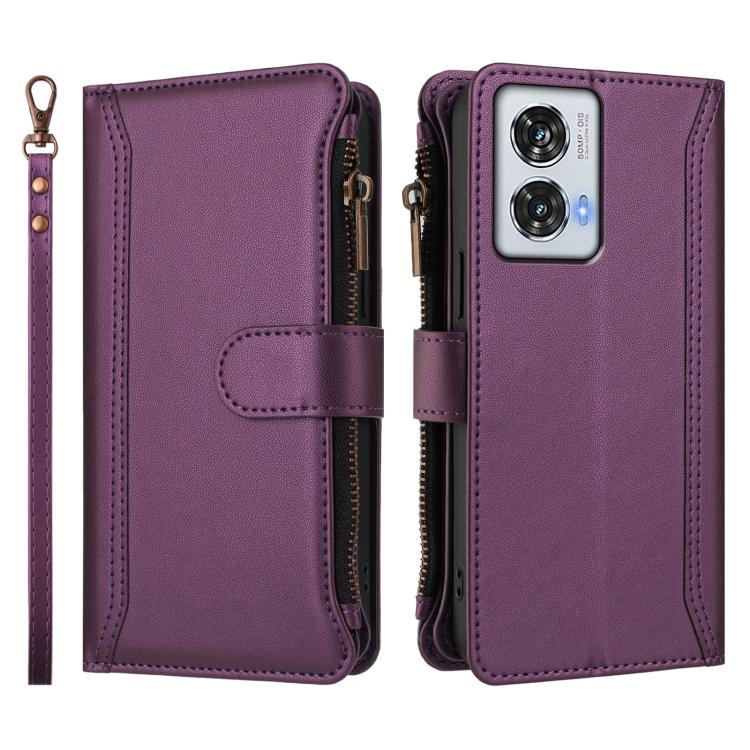 For Motorola Edge 50 Fusion Global Magnetic Closure 9 Card Slots Zipper Leather Case with Hand Strap
