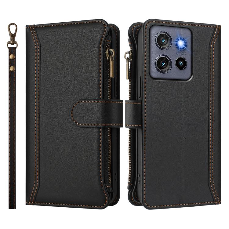 For Motorola Edge 50 Neo 5G Global Magnetic Closure 9 Card Slots Zipper Leather Case with Hand Strap