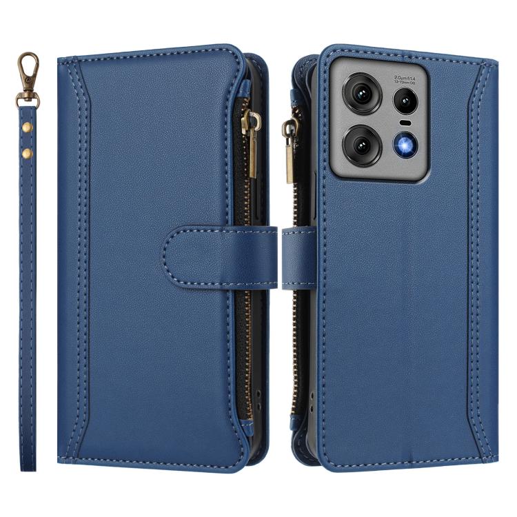 For Motorola Edge 50 Pro 5G Magnetic Closure 9 Card Slots Zipper Leather Case with Hand Strap