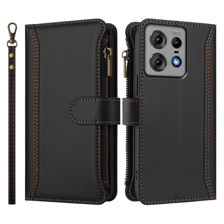 For Motorola Edge 50 Pro 5G Magnetic Closure 9 Card Slots Zipper Leather Case with Hand Strap