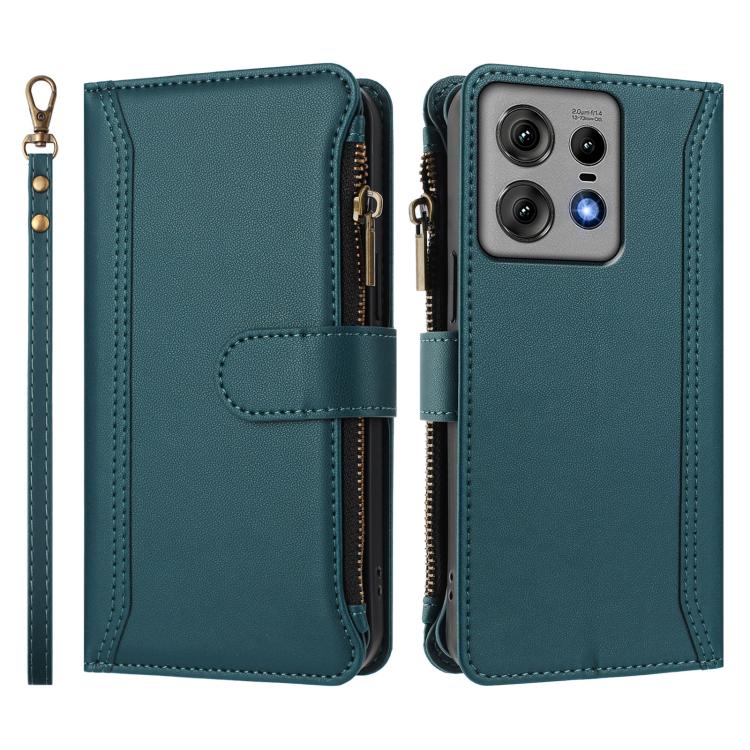 For Motorola Edge 50 Pro 5G Magnetic Closure 9 Card Slots Zipper Leather Case with Hand Strap