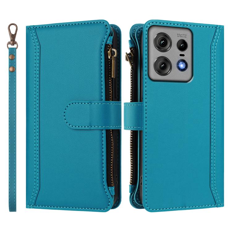 For Motorola Edge 50 Pro 5G Magnetic Closure 9 Card Slots Zipper Leather Case with Hand Strap