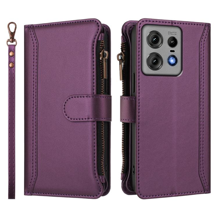 For Motorola Edge 50 Pro 5G Magnetic Closure 9 Card Slots Zipper Leather Case with Hand Strap