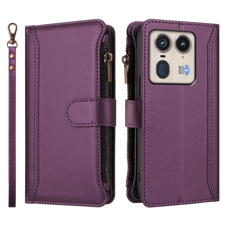 For Motorola Edge 50 Ultra 5G Global Magnetic Closure 9 Card Slots Zipper Leather Case with Hand Strap