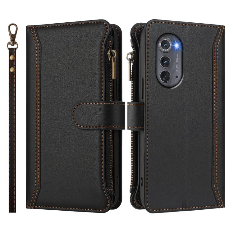 For Motorola Edge 2022 / Edge+ 5G UW Magnetic Closure 9 Card Slots Zipper Leather Case with Hand Strap