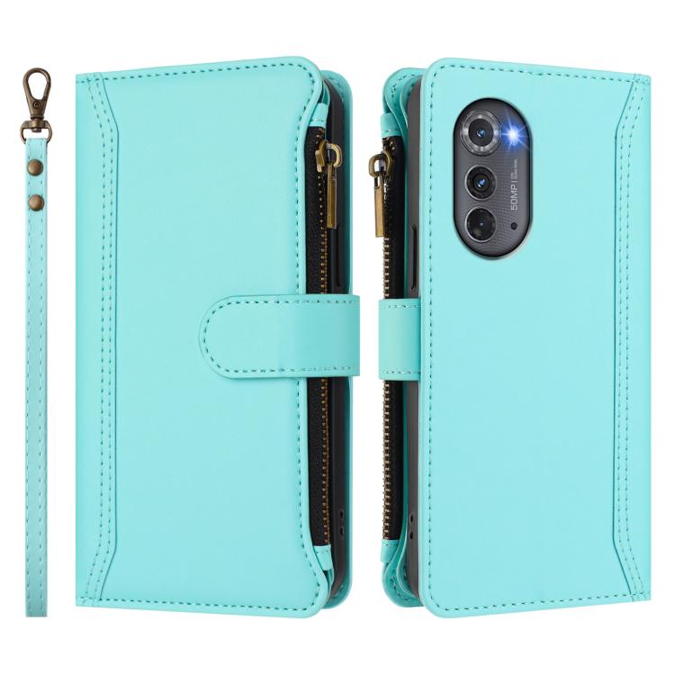 For Motorola Edge 2022 / Edge+ 5G UW Magnetic Closure 9 Card Slots Zipper Leather Case with Hand Strap