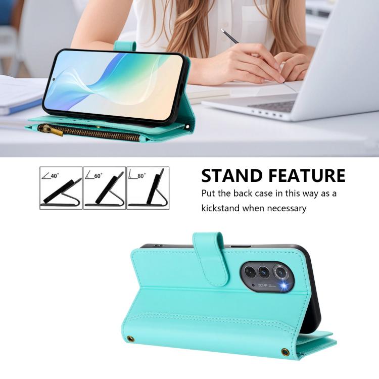 For Motorola Edge 2022 / Edge+ 5G UW Magnetic Closure 9 Card Slots Zipper Leather Case with Hand Strap