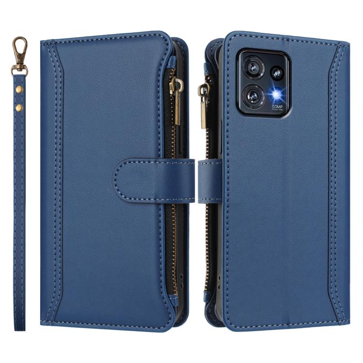 For Motorola Moto X40 / Edge+ 2023 Magnetic Closure 9 Card Slots Zipper Leather Case with Hand Strap