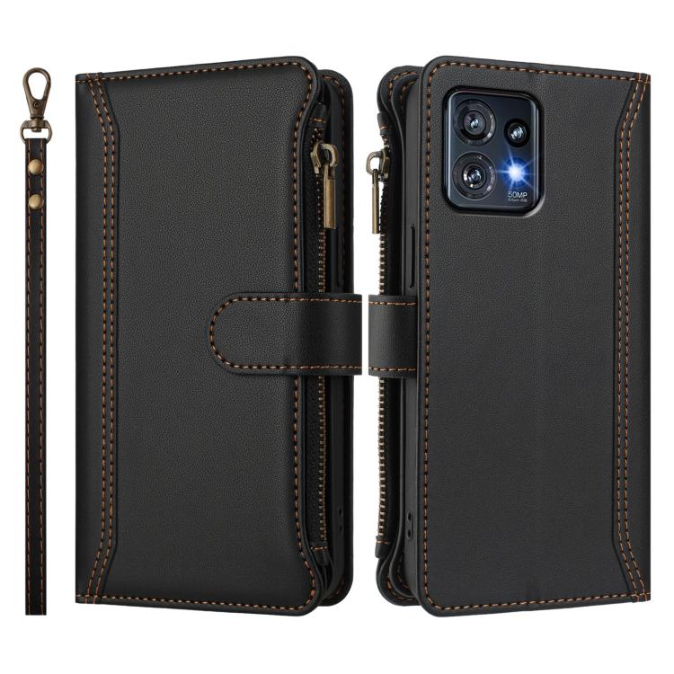 For Motorola Moto X40 / Edge+ 2023 Magnetic Closure 9 Card Slots Zipper Leather Case with Hand Strap