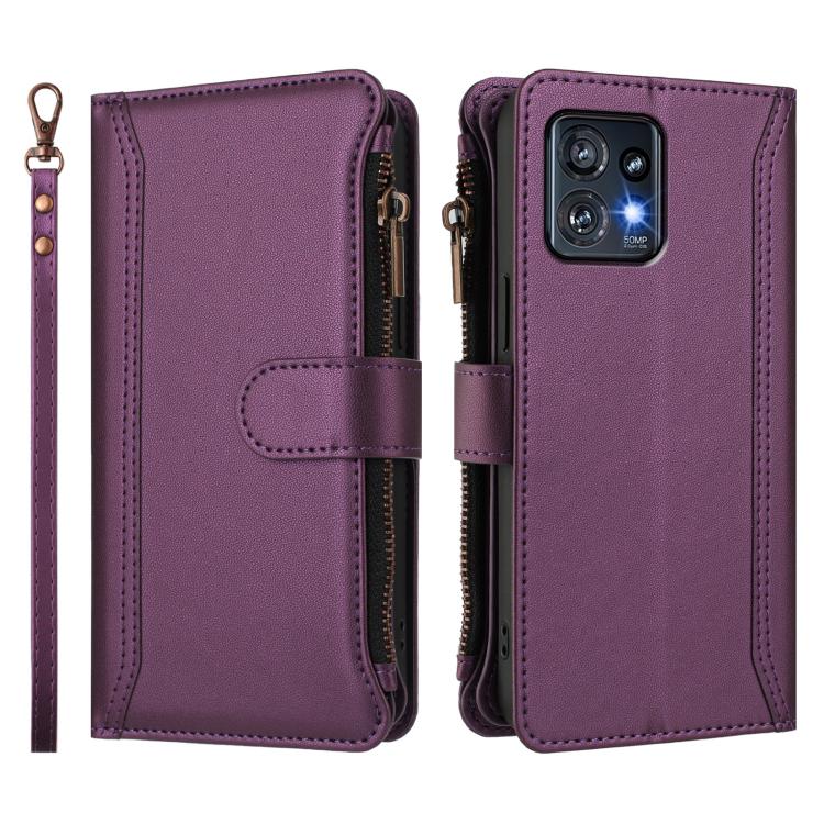 For Motorola Moto X40 / Edge+ 2023 Magnetic Closure 9 Card Slots Zipper Leather Case with Hand Strap
