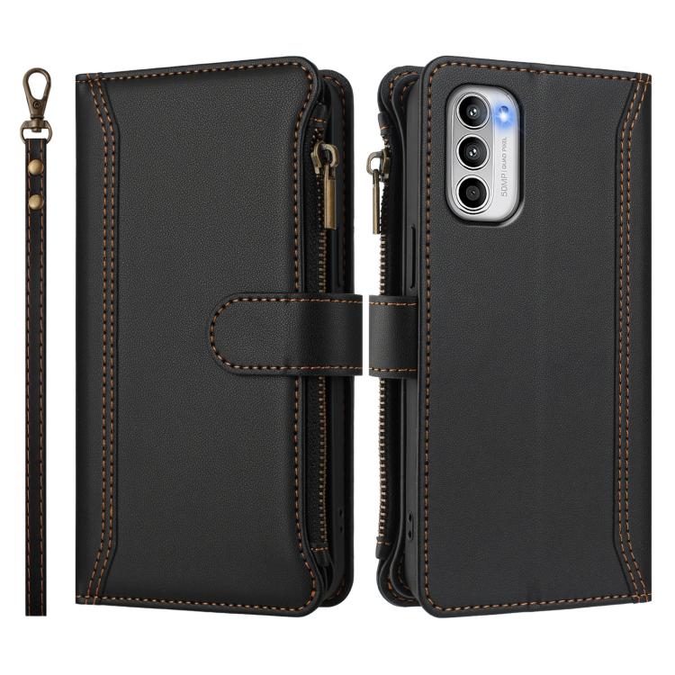 For Motorola Moto G 5G 2022 Magnetic Closure 9 Card Slots Zipper Leather Case with Hand Strap
