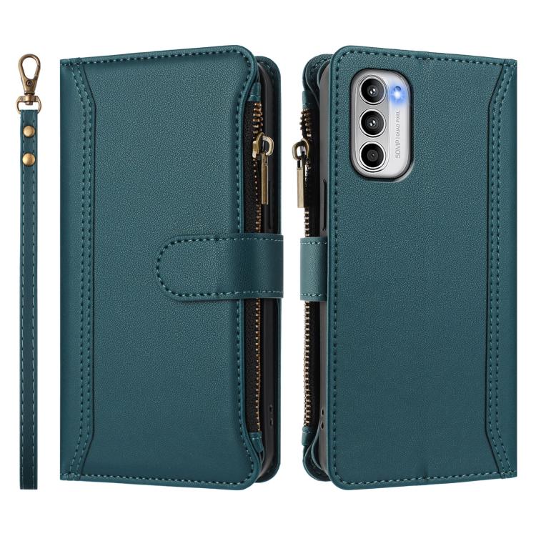 For Motorola Moto G 5G 2022 Magnetic Closure 9 Card Slots Zipper Leather Case with Hand Strap