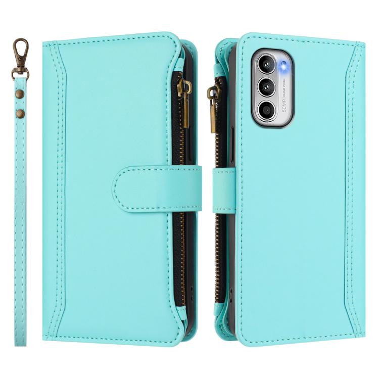 For Motorola Moto G 5G 2022 Magnetic Closure 9 Card Slots Zipper Leather Case with Hand Strap