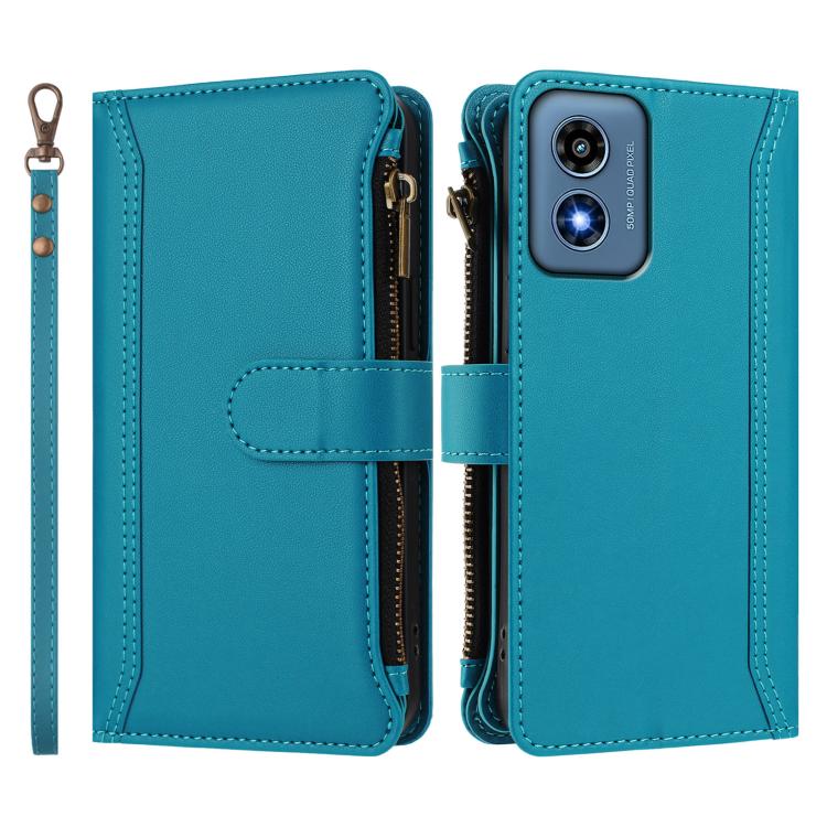 For Motorola Moto G Play 4G 2024 Global Magnetic Closure 9 Card Slots Zipper Leather Case with Hand Strap