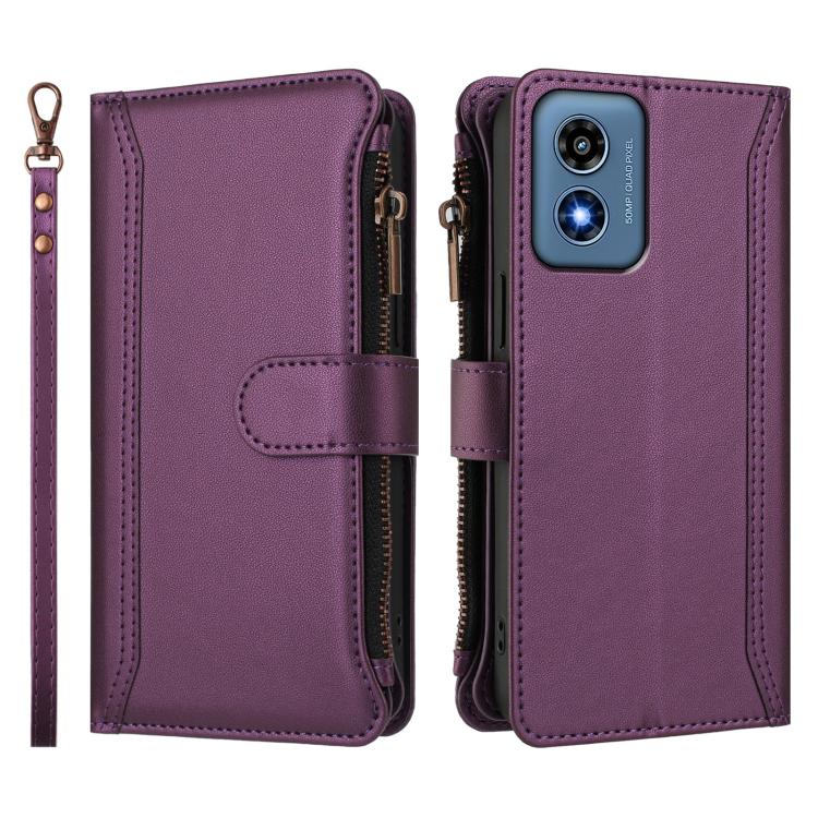 For Motorola Moto G Play 4G 2024 Global Magnetic Closure 9 Card Slots Zipper Leather Case with Hand Strap