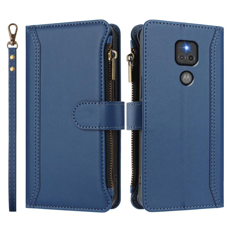 For Motorola Moto G Play 2021 Magnetic Closure 9 Card Slots Zipper Leather Case with Hand Strap