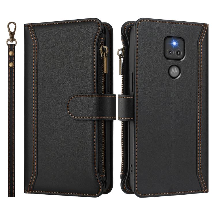 For Motorola Moto G Play 2021 Magnetic Closure 9 Card Slots Zipper Leather Case with Hand Strap
