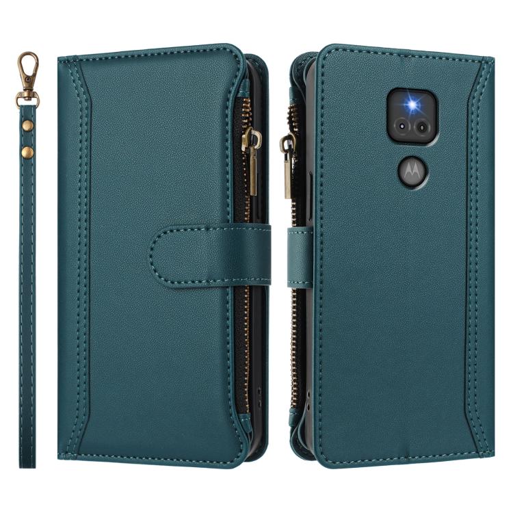 For Motorola Moto G Play 2021 Magnetic Closure 9 Card Slots Zipper Leather Case with Hand Strap