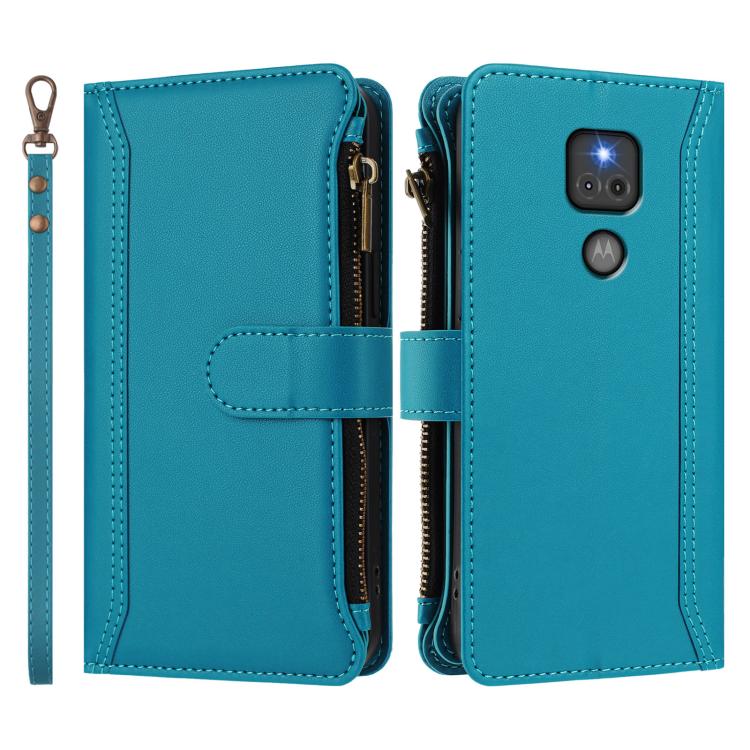 For Motorola Moto G Play 2021 Magnetic Closure 9 Card Slots Zipper Leather Case with Hand Strap