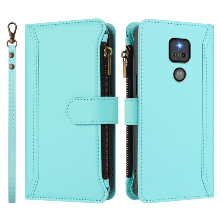 For Motorola Moto G Play 2021 Magnetic Closure 9 Card Slots Zipper Leather Case with Hand Strap