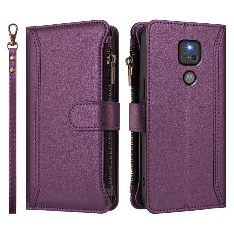 For Motorola Moto G Play 2021 Magnetic Closure 9 Card Slots Zipper Leather Case with Hand Strap