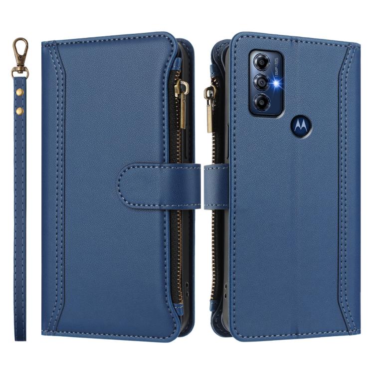 For Motorola Moto G Play 2022 Magnetic Closure 9 Card Slots Zipper Leather Case with Hand Strap