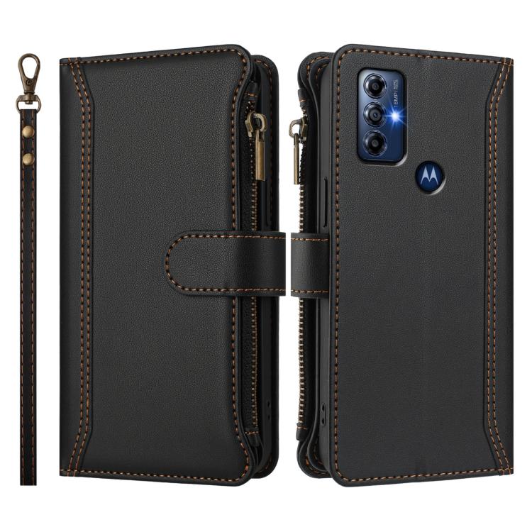 For Motorola Moto G Play 2022 Magnetic Closure 9 Card Slots Zipper Leather Case with Hand Strap