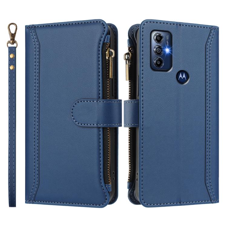For Motorola Moto G Play 2023 Magnetic Closure 9 Card Slots Zipper Leather Case with Hand Strap