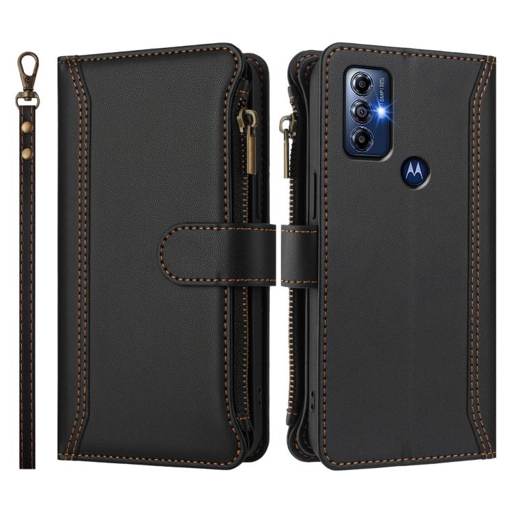 For Motorola Moto G Play 2023 Magnetic Closure 9 Card Slots Zipper Leather Case with Hand Strap