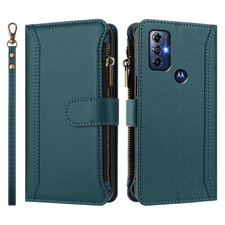 For Motorola Moto G Play 2023 Magnetic Closure 9 Card Slots Zipper Leather Case with Hand Strap