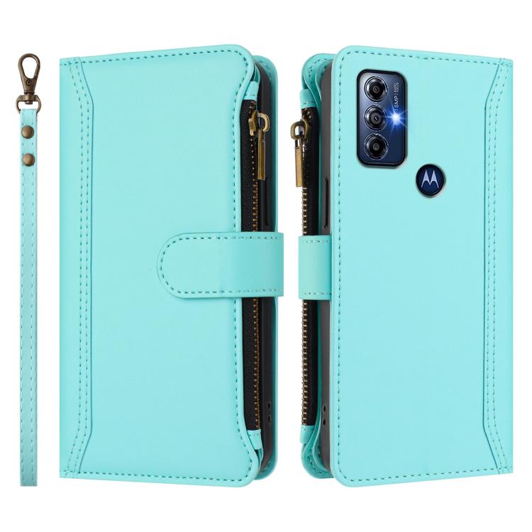 For Motorola Moto G Play 2023 Magnetic Closure 9 Card Slots Zipper Leather Case with Hand Strap