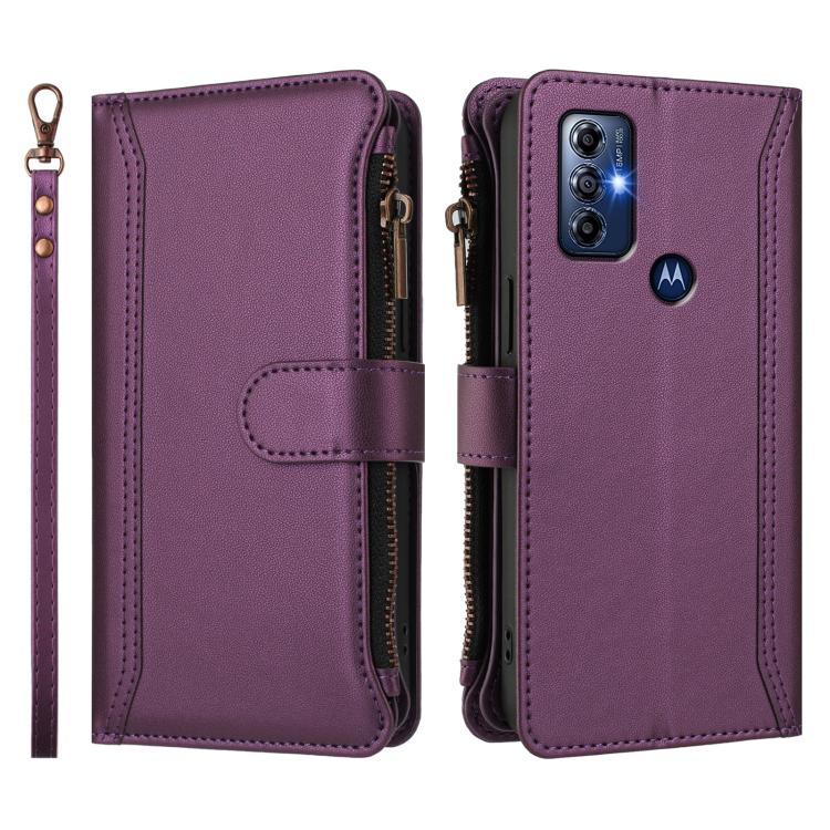 For Motorola Moto G Play 2023 Magnetic Closure 9 Card Slots Zipper Leather Case with Hand Strap