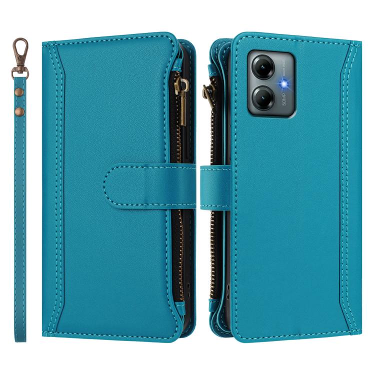For Motorola Moto G Play 2025 Magnetic Closure 9 Card Slots Zipper Leather Case with Hand Strap