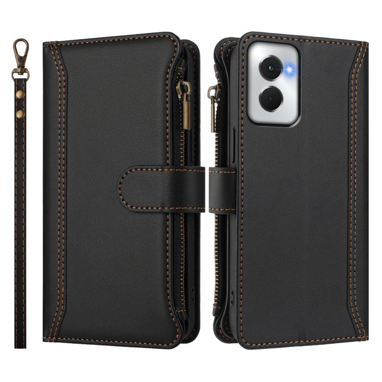 For Motorola Moto G Power 5G 2024 Magnetic Closure 9 Card Slots Zipper Leather Case with Hand Strap
