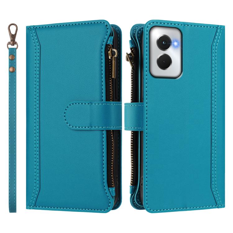 For Motorola Moto G Power 5G 2024 Magnetic Closure 9 Card Slots Zipper Leather Case with Hand Strap