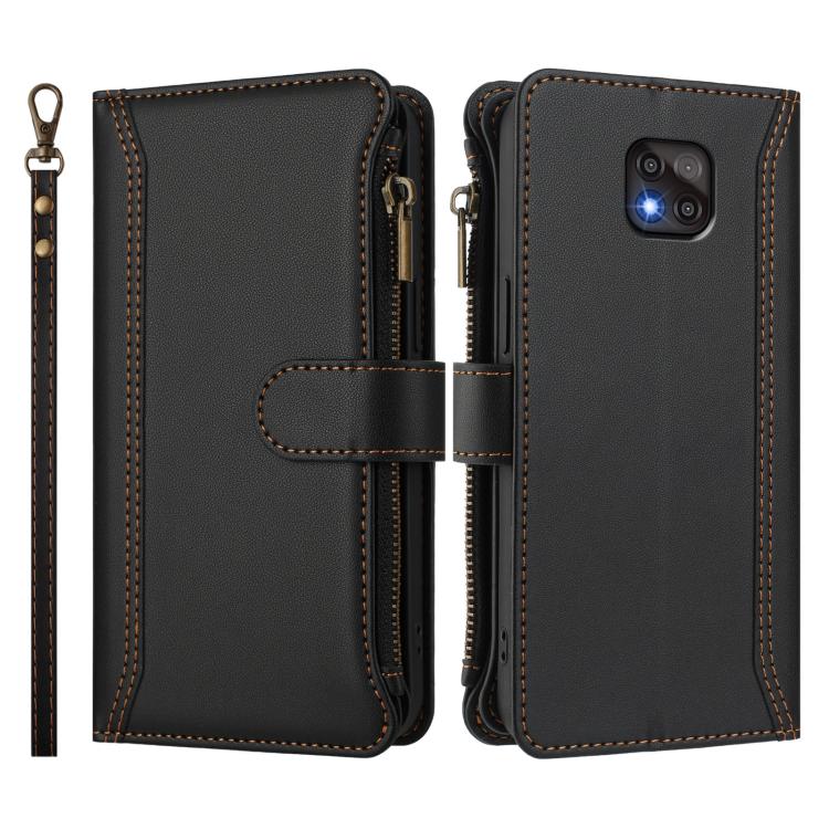 For Motorola Moto G Power 2021 Magnetic Closure 9 Card Slots Zipper Leather Case with Hand Strap
