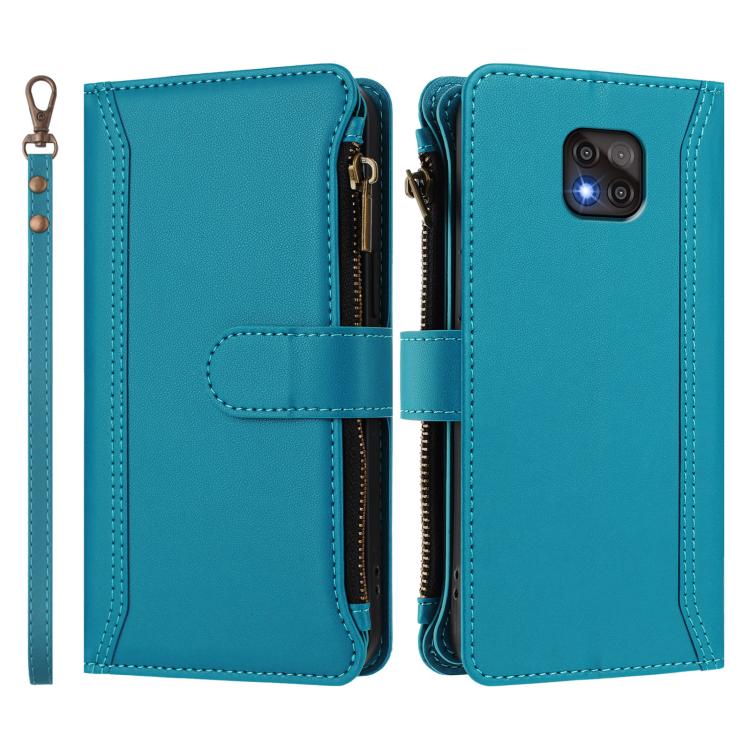 For Motorola Moto G Power 2021 Magnetic Closure 9 Card Slots Zipper Leather Case with Hand Strap