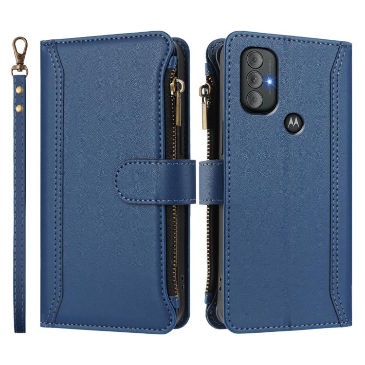 For Motorola Moto G Power 2022 Magnetic Closure 9 Card Slots Zipper Leather Case with Hand Strap