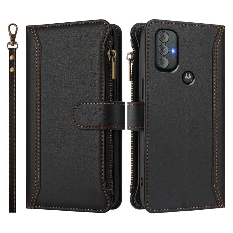 For Motorola Moto G Power 2022 Magnetic Closure 9 Card Slots Zipper Leather Case with Hand Strap