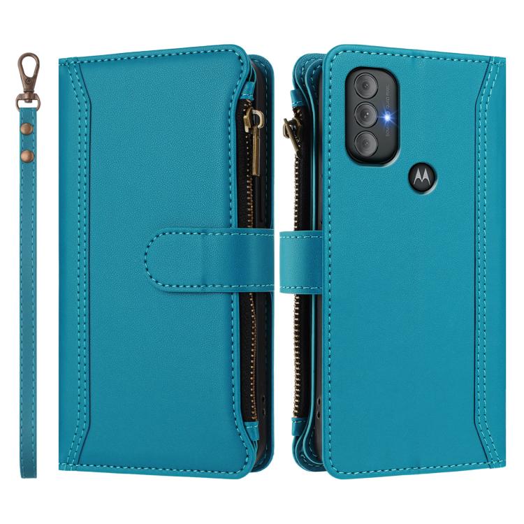 For Motorola Moto G Power 2022 Magnetic Closure 9 Card Slots Zipper Leather Case with Hand Strap