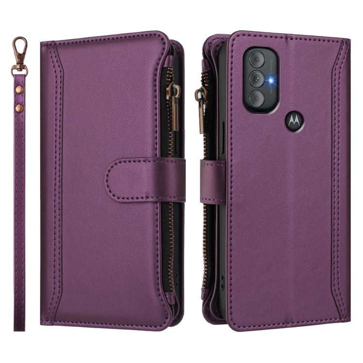 For Motorola Moto G Power 2022 Magnetic Closure 9 Card Slots Zipper Leather Case with Hand Strap