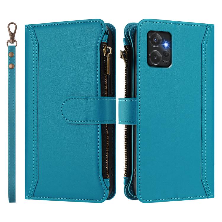 For Motorola Moto G Power 2023 5G Magnetic Closure 9 Card Slots Zipper Leather Case with Hand Strap