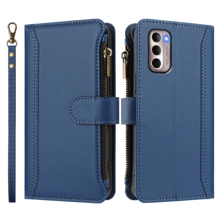 For Motorola Moto G Stylus 2022 4G Magnetic Closure 9 Card Slots Zipper Leather Case with Hand Strap
