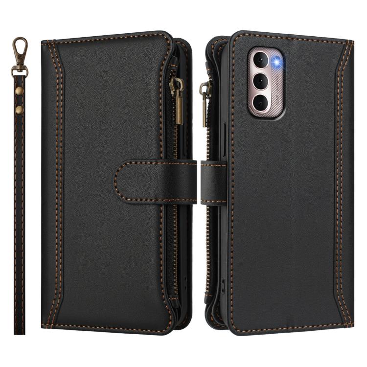 For Motorola Moto G Stylus 2022 4G Magnetic Closure 9 Card Slots Zipper Leather Case with Hand Strap
