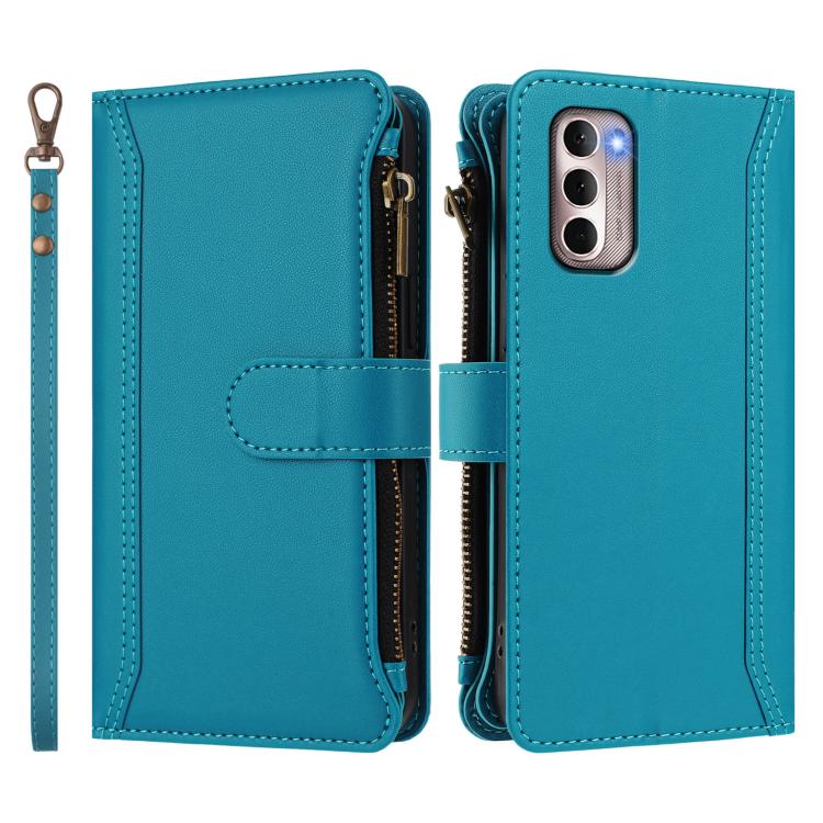 For Motorola Moto G Stylus 2022 4G Magnetic Closure 9 Card Slots Zipper Leather Case with Hand Strap