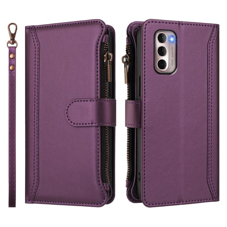 For Motorola Moto G Stylus 2022 4G Magnetic Closure 9 Card Slots Zipper Leather Case with Hand Strap