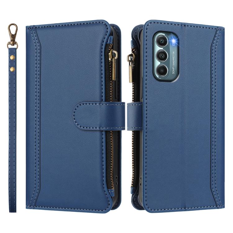 For Motorola Moto G Stylus 2022 5G Magnetic Closure 9 Card Slots Zipper Leather Case with Hand Strap