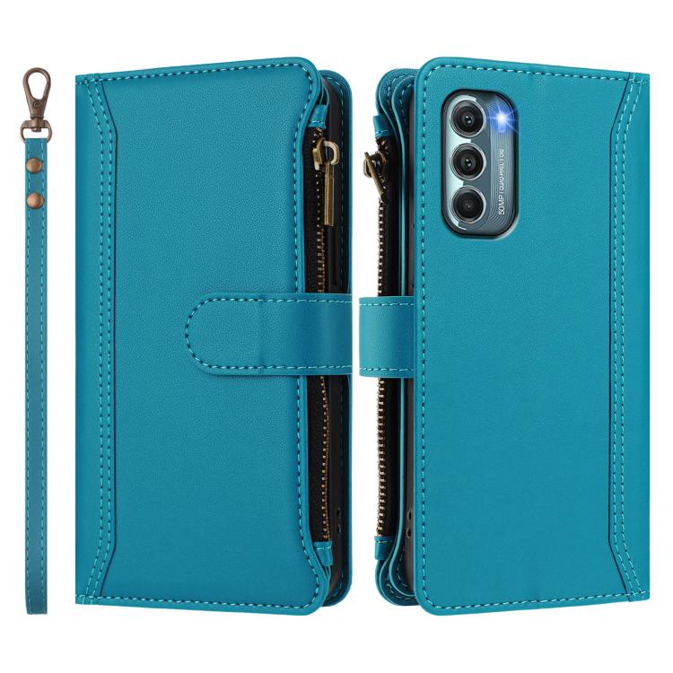 For Motorola Moto G Stylus 2022 5G Magnetic Closure 9 Card Slots Zipper Leather Case with Hand Strap