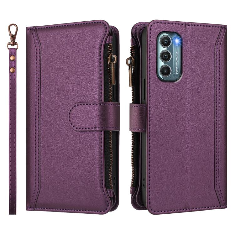 For Motorola Moto G Stylus 2022 5G Magnetic Closure 9 Card Slots Zipper Leather Case with Hand Strap