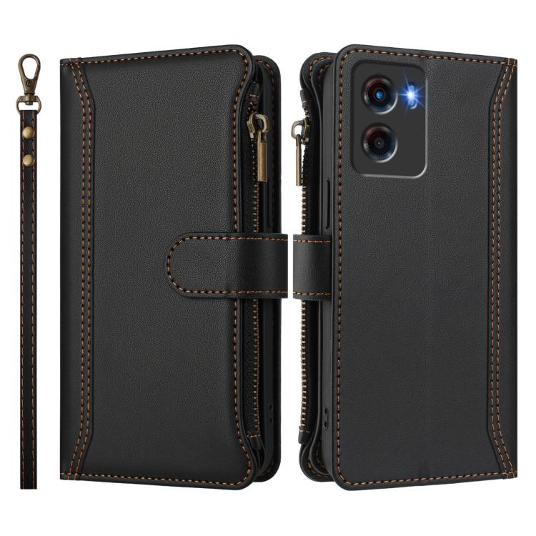 For Motorola Moto G05 / E15 Magnetic Closure 9 Card Slots Zipper Leather Case with Hand Strap